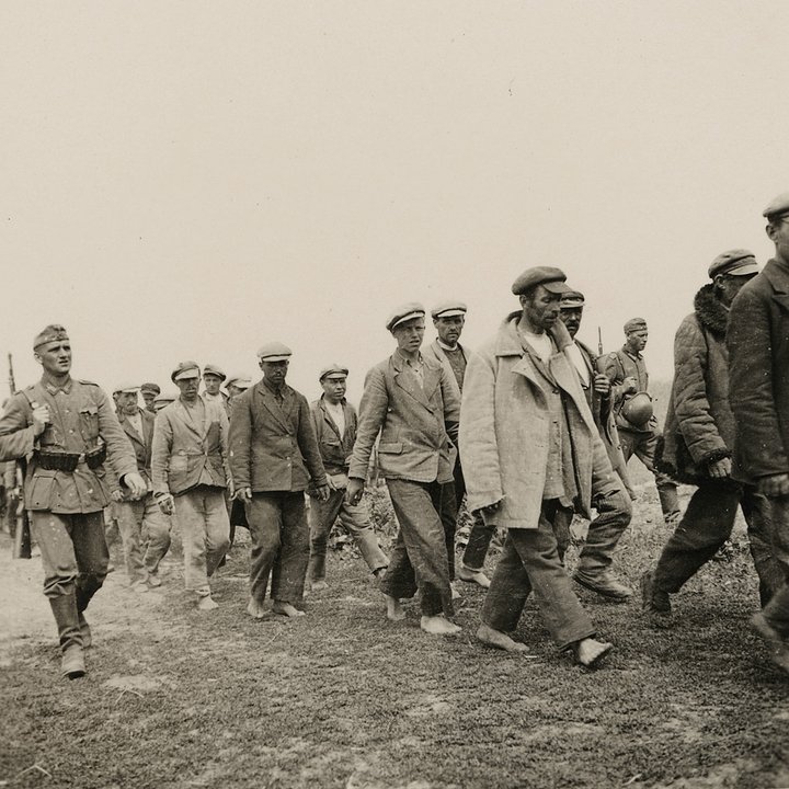 Пленные советские граждане идут под конвоем немецкого военного. СССР, 1941 год