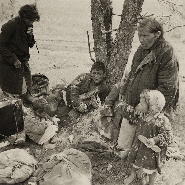 Беженцы с вещами на обочине дороги. СССР, 1941 год